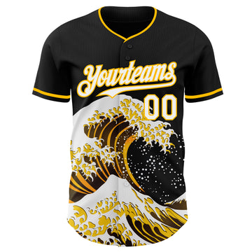 Custom Black White-Gold Japanese Wave 3D Pattern Design Authentic Baseball Jersey