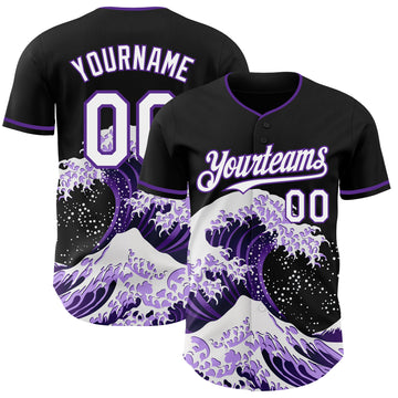 Custom Black White-Purple Japanese Wave 3D Pattern Design Authentic Baseball Jersey