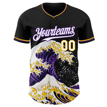 Custom Black White Purple-Gold Japanese Wave 3D Pattern Design Authentic Baseball Jersey