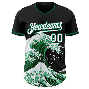 Custom Black White-Kelly Green Japanese Wave 3D Pattern Design Authentic Baseball Jersey