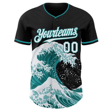 Custom Black White-Teal Japanese Wave 3D Pattern Design Authentic Baseball Jersey