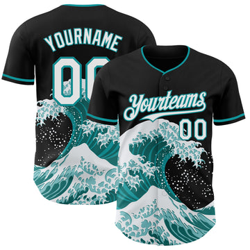 Custom Black White-Teal Japanese Wave 3D Pattern Design Authentic Baseball Jersey