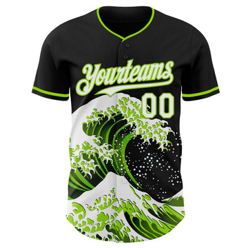 Custom Black White-Neon Green Japanese Wave 3D Pattern Design Authentic Baseball Jersey