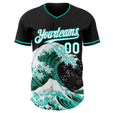 Custom Black White-Aqua Japanese Wave 3D Pattern Design Authentic Baseball Jersey