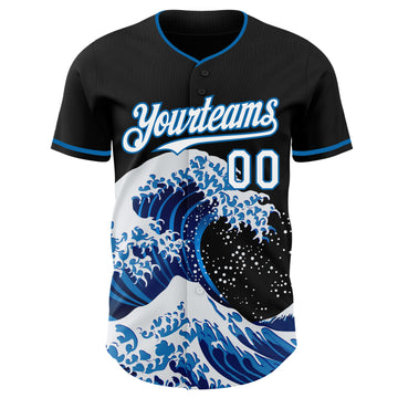 Custom Black White-Blue Japanese Wave 3D Pattern Design Authentic Baseball Jersey