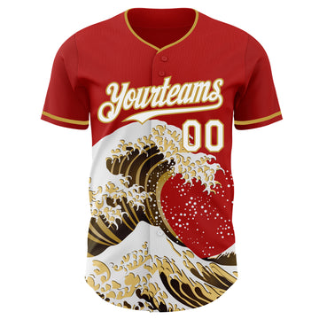 Custom Red White-Old Gold Japanese Wave 3D Pattern Design Authentic Baseball Jersey