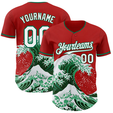 Custom Red White-Kelly Green Japanese Wave 3D Pattern Design Authentic Baseball Jersey