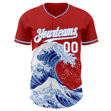 Custom Red White-Light Blue Japanese Wave 3D Pattern Design Authentic Baseball Jersey