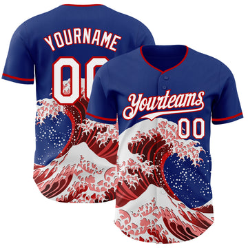 Custom Royal White-Red Japanese Wave 3D Pattern Design Authentic Baseball Jersey