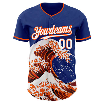 Custom Royal White-Orange Japanese Wave 3D Pattern Design Authentic Baseball Jersey