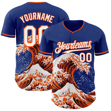 Custom Royal White-Orange Japanese Wave 3D Pattern Design Authentic Baseball Jersey