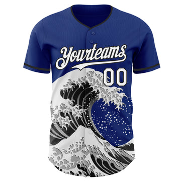 Custom Royal White-Black Japanese Wave 3D Pattern Design Authentic Baseball Jersey