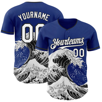 Custom Royal White-Black Japanese Wave 3D Pattern Design Authentic Baseball Jersey