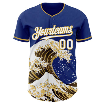 Custom Royal White-Old Gold Japanese Wave 3D Pattern Design Authentic Baseball Jersey