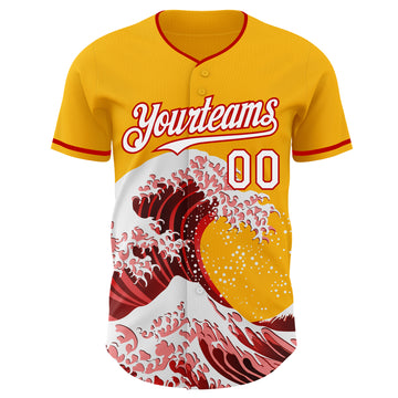 Custom Gold White-Red Japanese Wave 3D Pattern Design Authentic Baseball Jersey