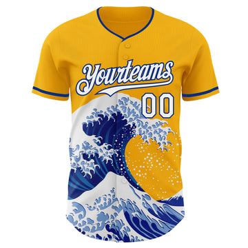 Custom Gold White-Royal Japanese Wave 3D Pattern Design Authentic Baseball Jersey