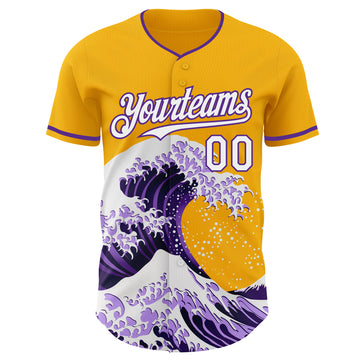 Custom Gold White-Purple Japanese Wave 3D Pattern Design Authentic Baseball Jersey