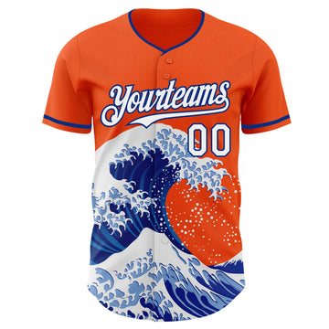 Custom Orange White-Royal Japanese Wave 3D Pattern Design Authentic Baseball Jersey