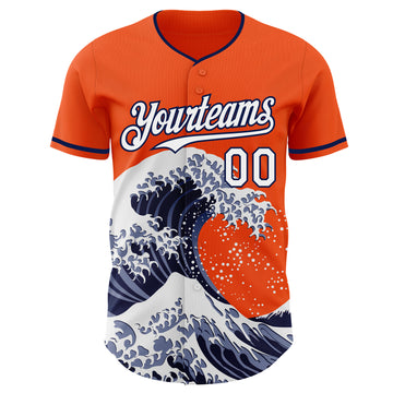 Custom Orange White-Navy Japanese Wave 3D Pattern Design Authentic Baseball Jersey