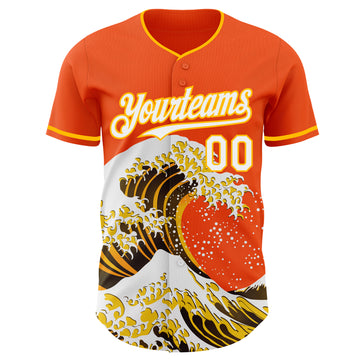 Custom Orange White-Gold Japanese Wave 3D Pattern Design Authentic Baseball Jersey