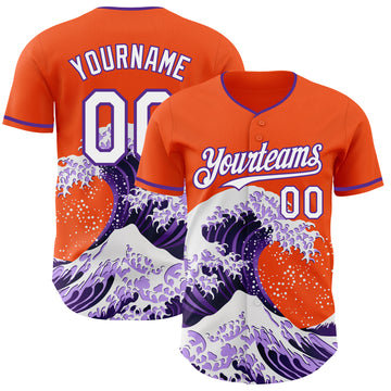 Custom Orange White-Purple Japanese Wave 3D Pattern Design Authentic Baseball Jersey