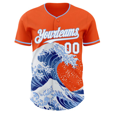 Custom Orange White-Light Blue Japanese Wave 3D Pattern Design Authentic Baseball Jersey