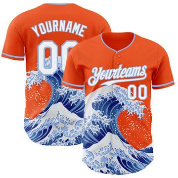 Custom Orange White-Light Blue Japanese Wave 3D Pattern Design Authentic Baseball Jersey