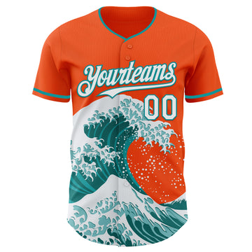 Custom Orange White-Teal Japanese Wave 3D Pattern Design Authentic Baseball Jersey
