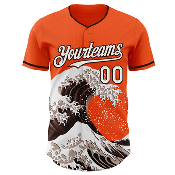 Custom Orange White-Brown Japanese Wave 3D Pattern Design Authentic Baseball Jersey