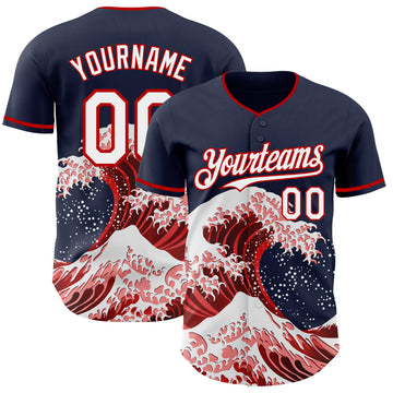 Custom Navy White-Red Japanese Wave 3D Pattern Design Authentic Baseball Jersey