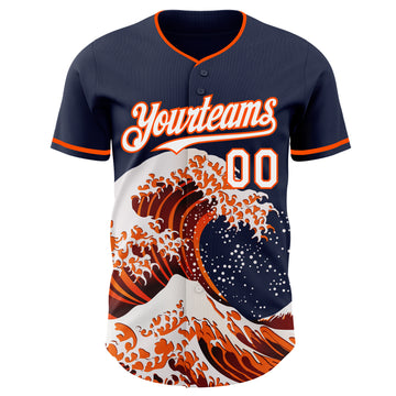 Custom Navy White-Orange Japanese Wave 3D Pattern Design Authentic Baseball Jersey