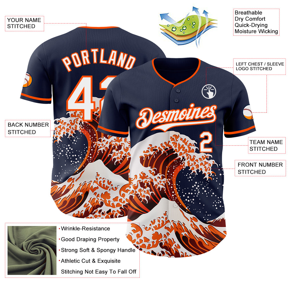 Custom Japanese Wave Authentic Baseball Jersey Navy White-Orange