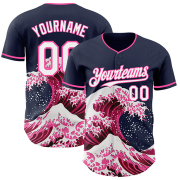 Custom Navy White-Pink Japanese Wave 3D Pattern Design Authentic Baseball Jersey