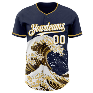 Custom Navy White-Old Gold Japanese Wave 3D Pattern Design Authentic Baseball Jersey