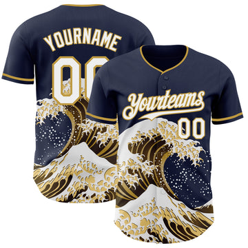 Custom Navy White-Old Gold Japanese Wave 3D Pattern Design Authentic Baseball Jersey