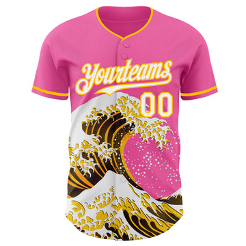 Custom Pink White-Gold Japanese Wave 3D Pattern Design Authentic Baseball Jersey