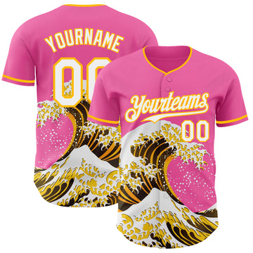 Custom Pink White-Gold Japanese Wave 3D Pattern Design Authentic Baseball Jersey