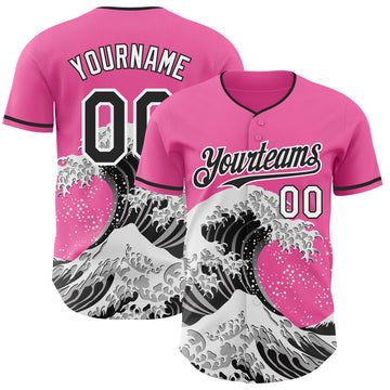 Custom Pink Black-White Japanese Wave 3D Pattern Design Authentic Baseball Jersey