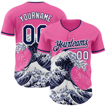 Custom Pink Navy-White Japanese Wave 3D Pattern Design Authentic Baseball Jersey