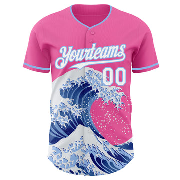 Custom Pink White-Light Blue Japanese Wave 3D Pattern Design Authentic Baseball Jersey