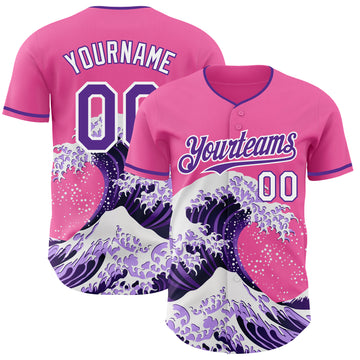 Custom Pink Purple-White Japanese Wave 3D Pattern Design Authentic Baseball Jersey