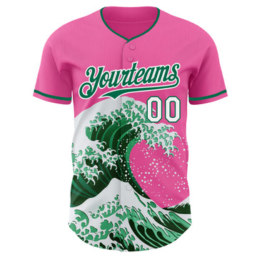 Custom Pink Kelly Green-White Japanese Wave 3D Pattern Design Authentic Baseball Jersey