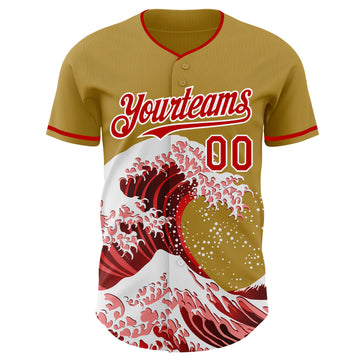 Custom Old Gold Red-White Japanese Wave 3D Pattern Design Authentic Baseball Jersey