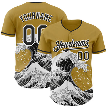 Custom Old Gold Black-White Japanese Wave 3D Pattern Design Authentic Baseball Jersey