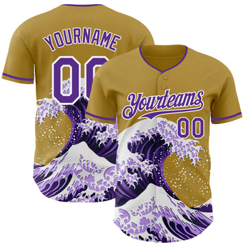 Custom Old Gold Purple-White Japanese Wave 3D Pattern Design Authentic Baseball Jersey