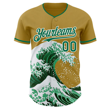 Custom Old Gold Kelly Green-White Japanese Wave 3D Pattern Design Authentic Baseball Jersey