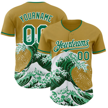Custom Old Gold Kelly Green-White Japanese Wave 3D Pattern Design Authentic Baseball Jersey