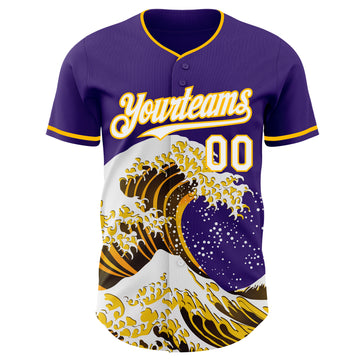 Custom Purple White-Gold Japanese Wave 3D Pattern Design Authentic Baseball Jersey