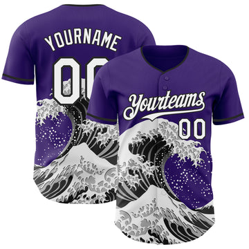 Custom Purple White-Black Japanese Wave 3D Pattern Design Authentic Baseball Jersey