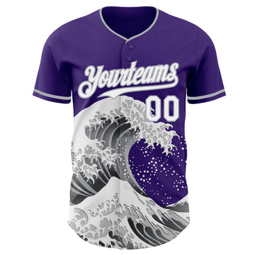 Custom Purple White-Gray Japanese Wave 3D Pattern Design Authentic Baseball Jersey
